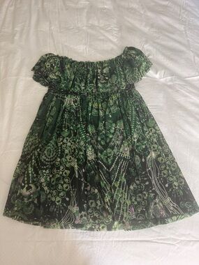 Jean Paul Gaultier Green and Black Off-Shoulder Floral Mini Dress